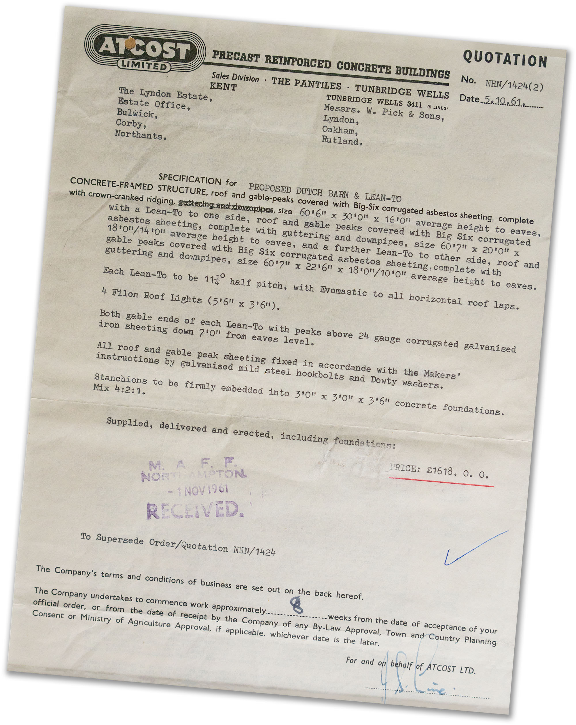 Atcost Dutch Barn 1961 Letter - Picks Barn